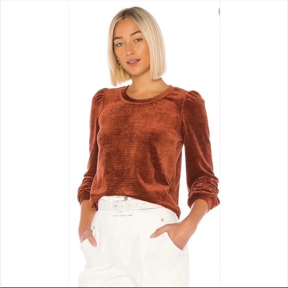 Heartloom Allie Ribbed Velvet Puff Sleeve Pullover Top Olive Green Size S - Picture 2 of 9